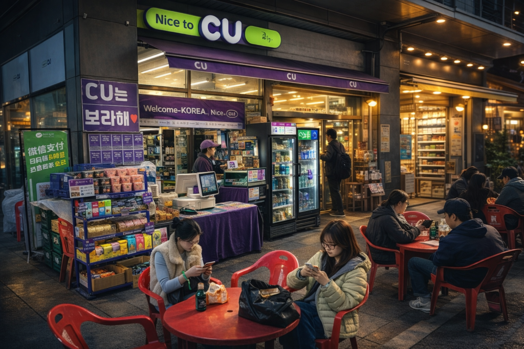 A nighttime scene of a CU convenience store in Seoul with people enjoying street food outside under warm lighting