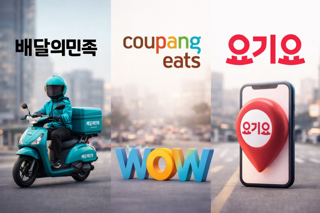 Top 3 food delivery apps in Korea Baemin Coupang Eats Yogiyo comparison image