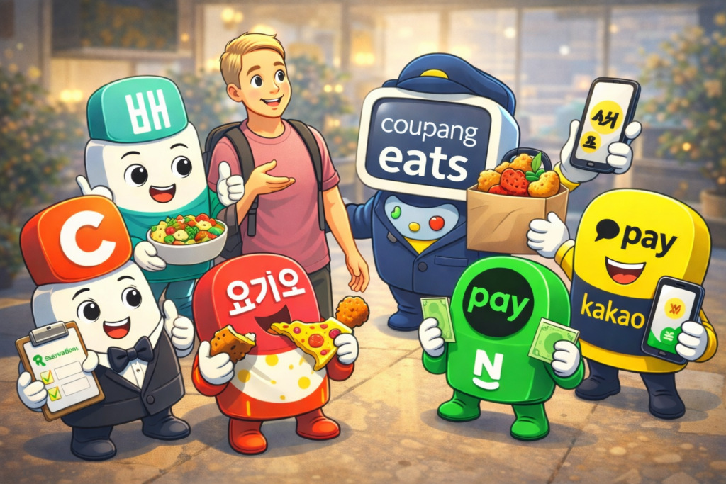 Illustration of a foreign traveler using Korean food delivery and payment apps like Baemin, Coupang Eats, Yogiyo, Naver Pay, and Kakao Pay