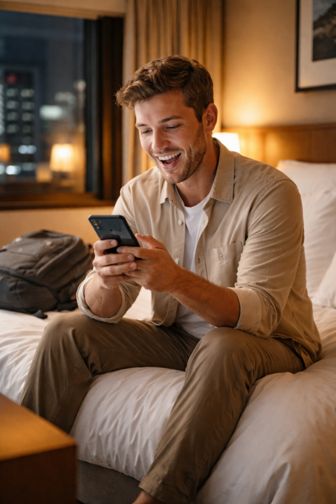 Traveler checking affordable hotel prices on smartphone in a cozy Korean hotel room