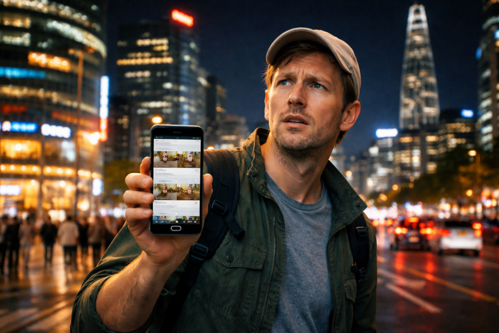 Confused foreign traveler checking motel listings on smartphone in Seoul at night