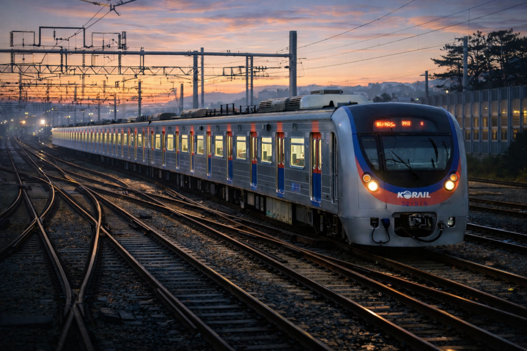 Wide angle view of a Korean subway train (KORAIL) at sunrise with railway tracks and soft morning light