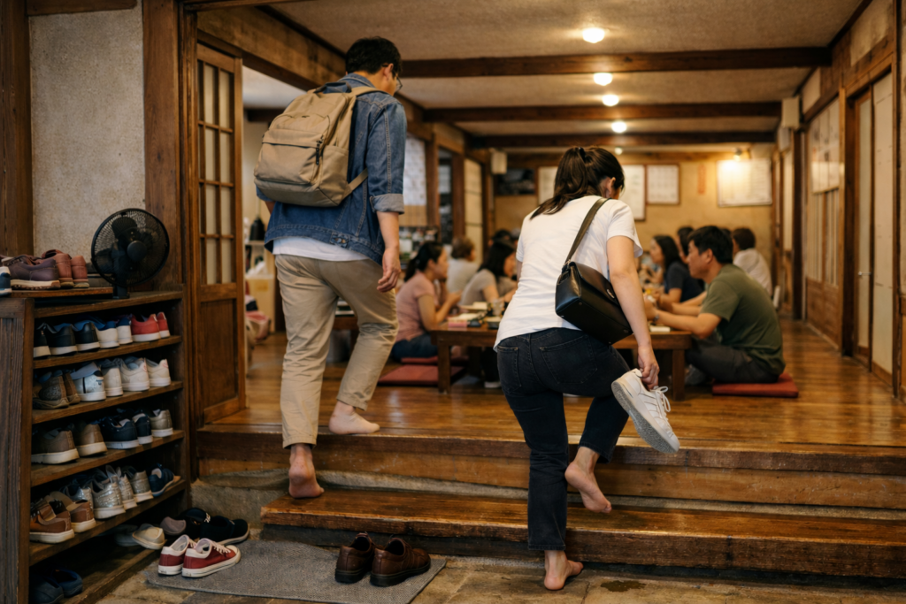 People taking off shoes before entering a traditional Korean floor seating restaurant with a natural realistic atmosphere