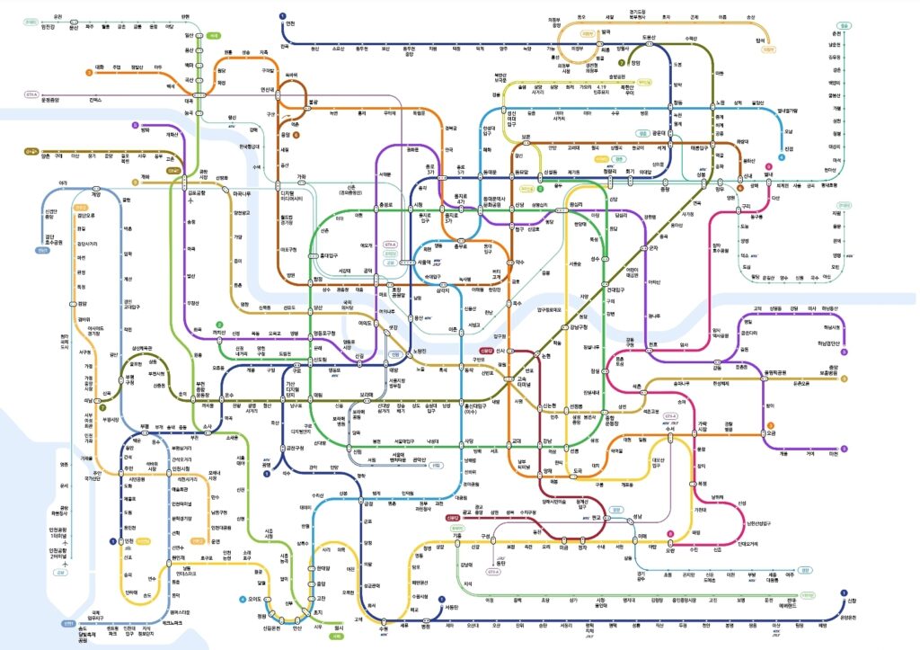 Seoul metropolitan subway map showing all lines, stations, and connections across Seoul and the surrounding 수도권 area in South Korea