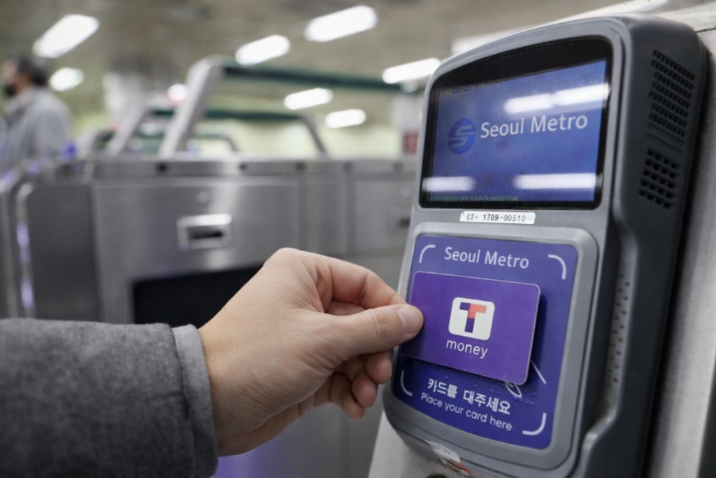 Close-up of a hand tapping a T-money card on a Seoul Metro subway gate card reader in Korea