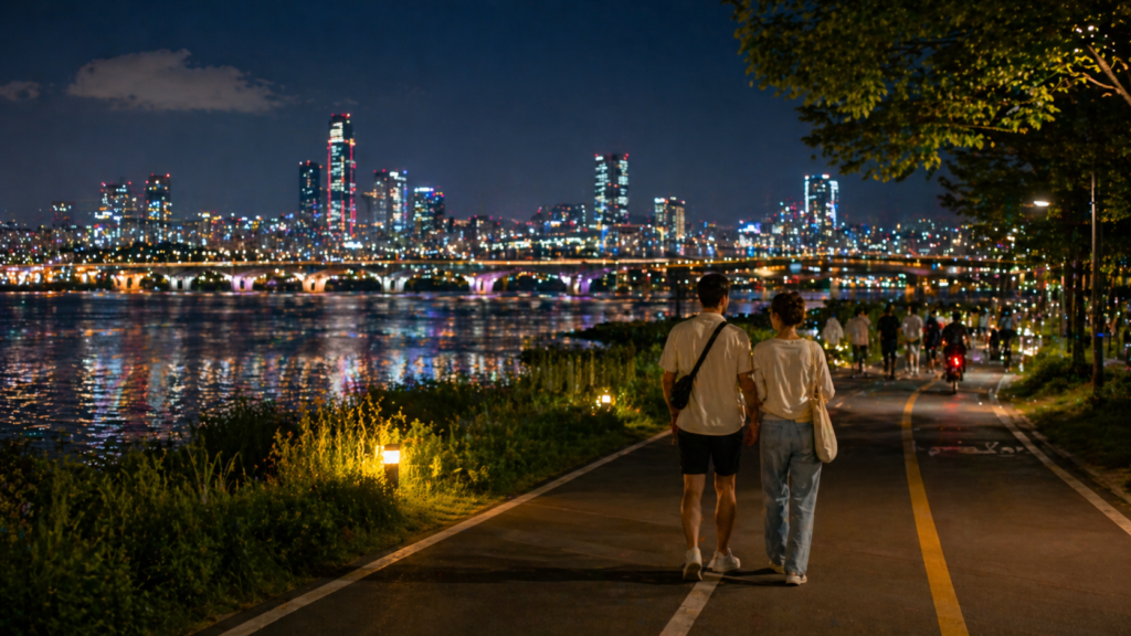 Foreign travelers walking along Banpo Hangang Park at night with Seoul city lights reflected on the Han River