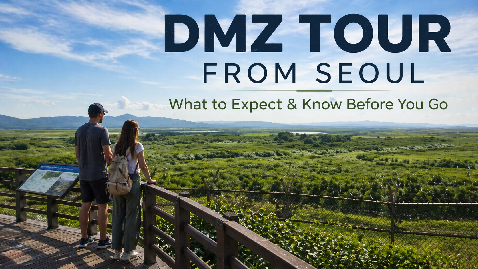 Foreign travelers looking out over the DMZ landscape from an observation deck near Paju, South Korea