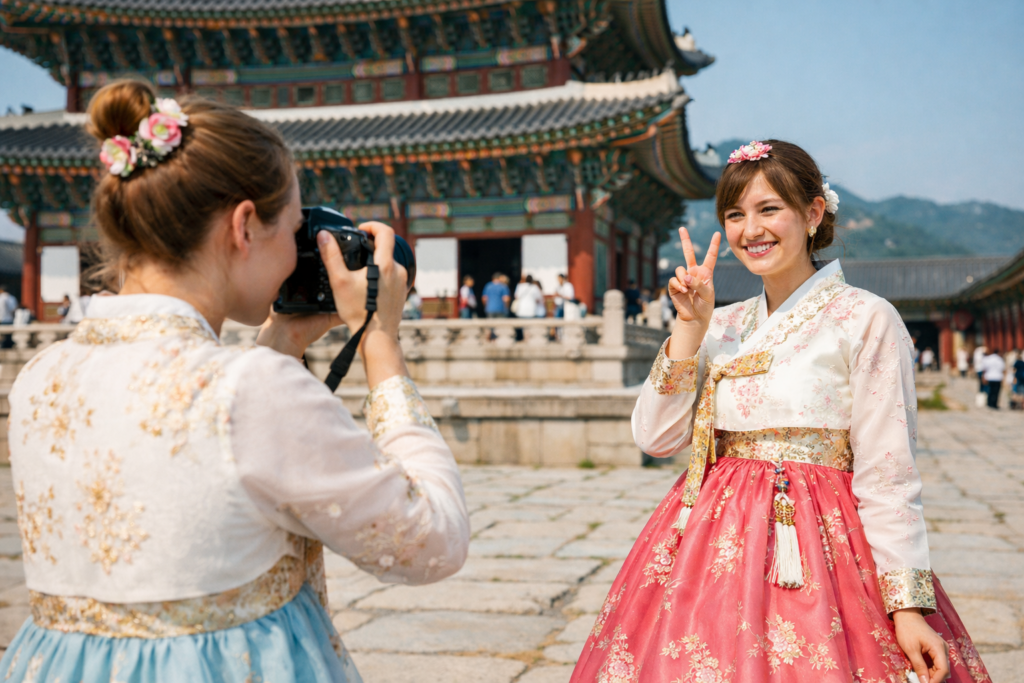 Foreign tourists wearing hanbok at Gyeongbokgung Palace in Seoul while taking photos of each other