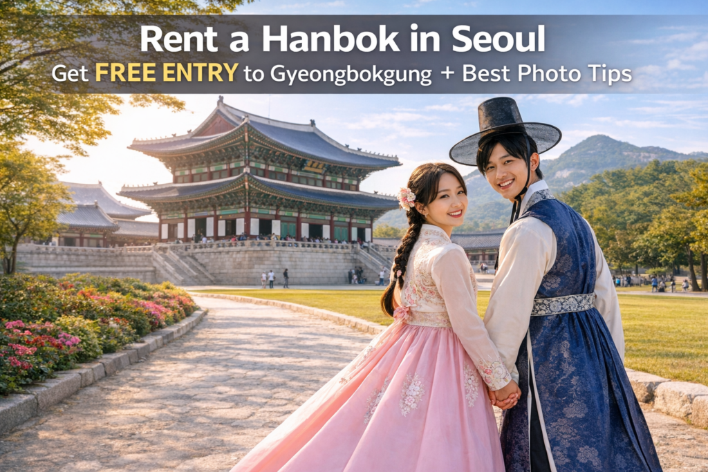 Couple wearing hanbok in front of Gyeongbokgung Palace in Seoul