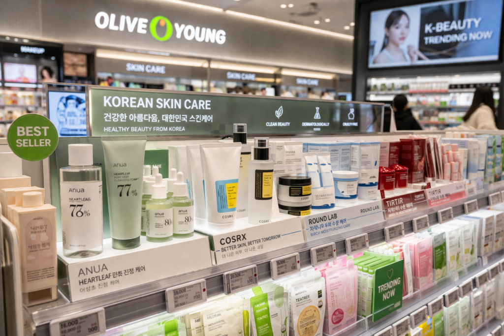 Close-up of neatly displayed K-beauty products inside Olive Young with a modern Korean retail atmosphere