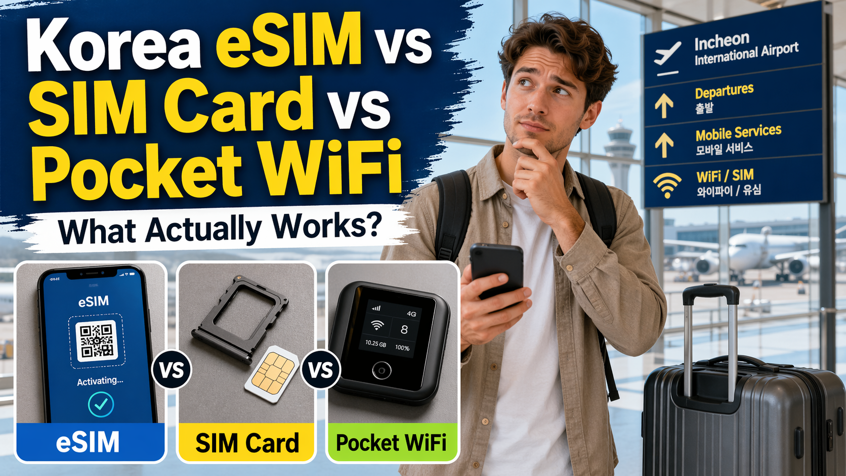 Traveler comparing Korea eSIM, SIM Card, and Pocket WiFi at Incheon International Airport