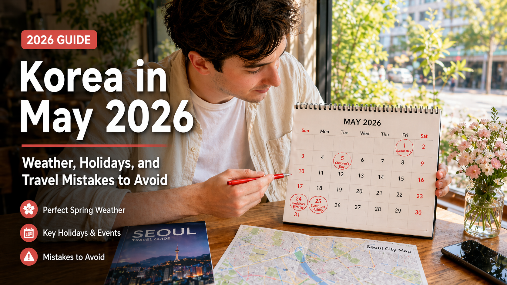 Foreign traveler checking a May 2026 calendar with Korean holidays in a sunny cafe in Seoul