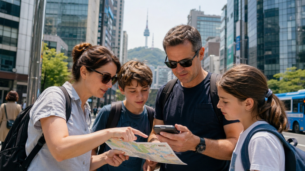 Korea Pocket WiFi for Family Travel Family travelers in Seoul sharing Pocket WiFi while checking a map