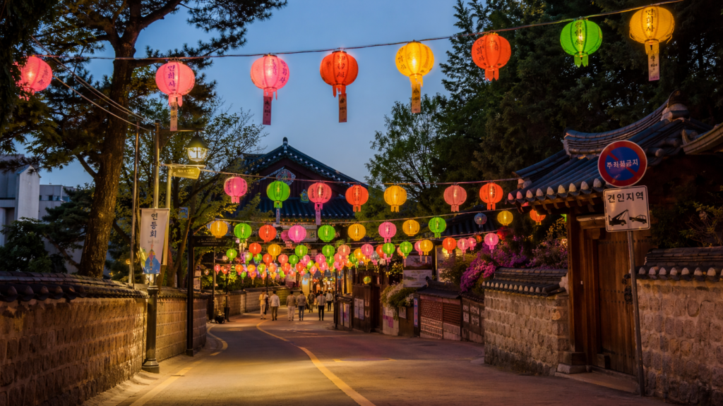 Colorful lanterns hanging above a peaceful Korean street in the evening before Buddha’s Birthday in South Korea
