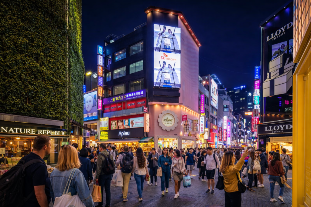 Busy Myeongdong night street filled with foreign tourists, neon signs, and vibrant shopping atmosphere in Seoul.