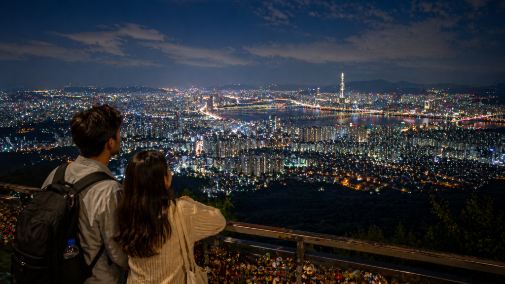 Foreign travelers looking over the Seoul night view from Namsan near N Seoul Tower