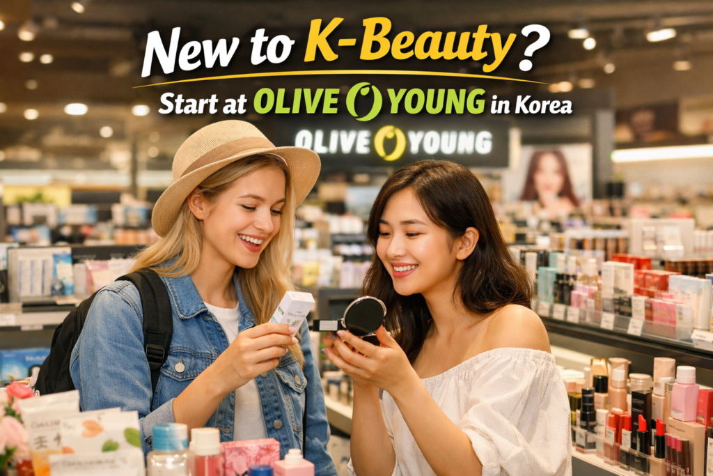 Two foreign travelers shopping for K-beauty products inside Olive Young in Korea
