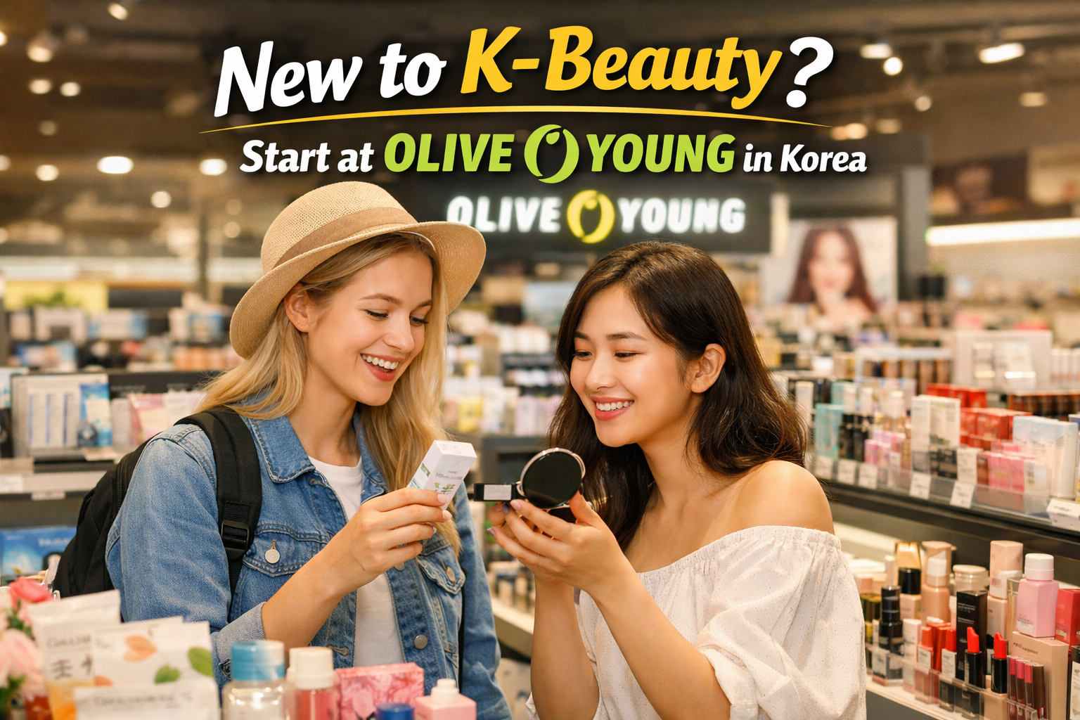 Two foreign travelers shopping for K-beauty products inside Olive Young in Korea