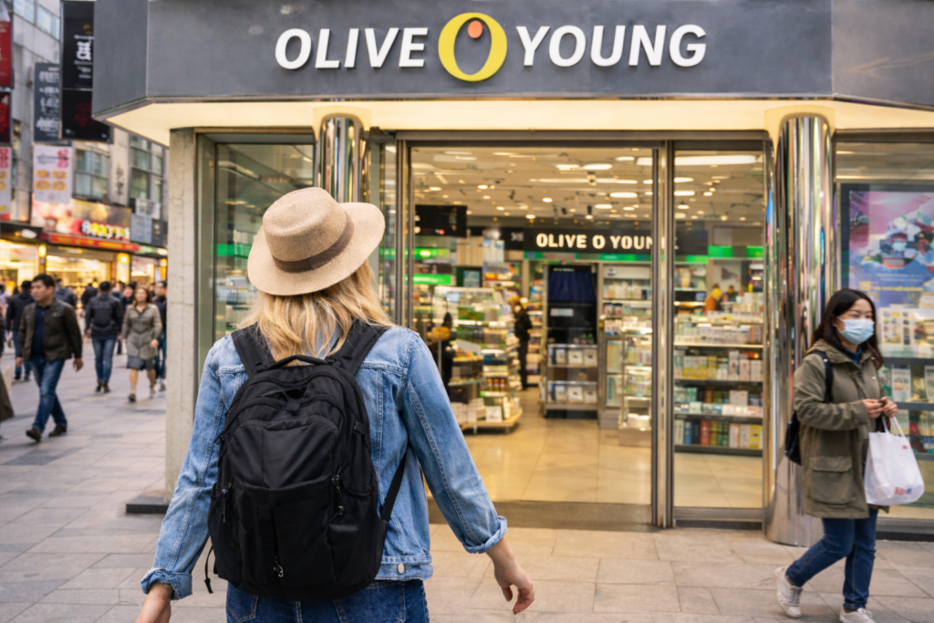 A traveler entering an Olive Young store in a busy Seoul shopping street