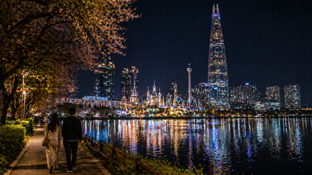 Seokchon Lake night walk with Lotte World Tower and Lotte World lights reflected on the water