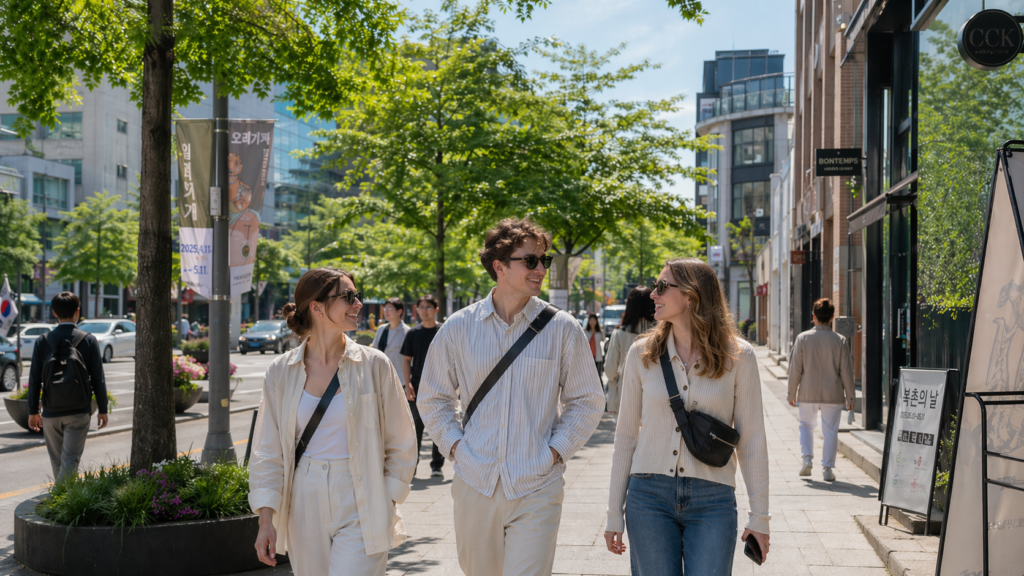 Foreign travelers walking on a bright Seoul street in May wearing light spring outfits under soft natural sunlight