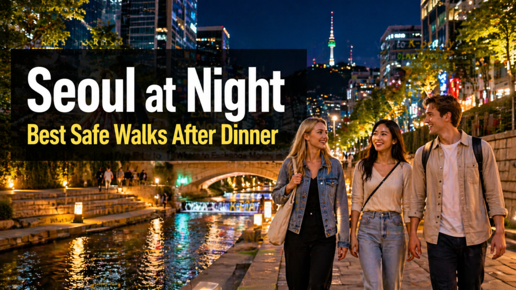 Foreign travelers walking along Cheonggyecheon Stream at night in Seoul with city lights and N Seoul Tower in the background