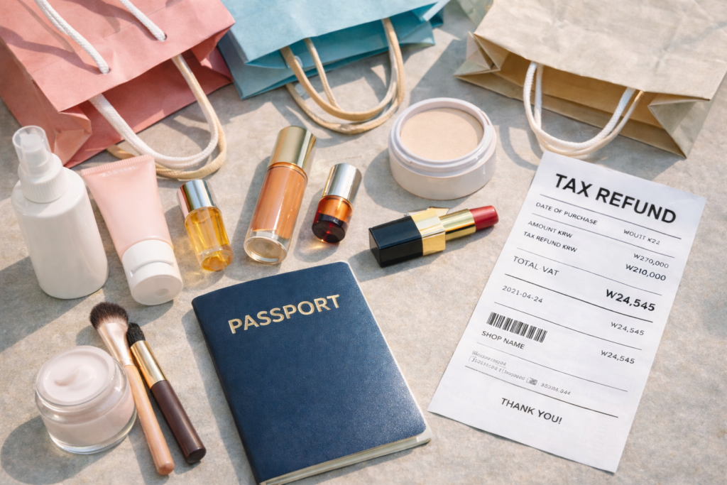 Tax refund receipt and cosmetics purchases for VAT refund in Korea.