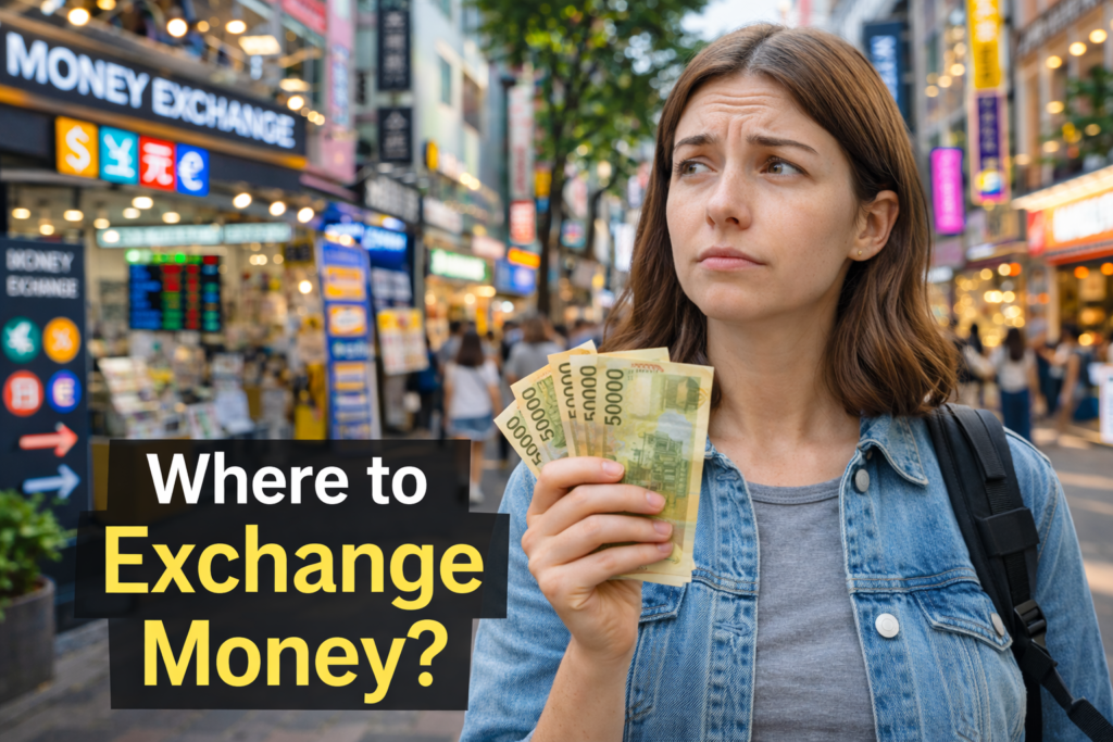 Foreign traveler in Myeongdong Seoul holding cash and looking confused about where to exchange money